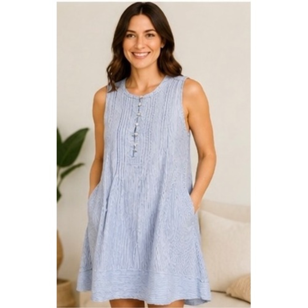 Faherty Blue White Striped Linen Mini Dress Sleeveless Pintuck Large L